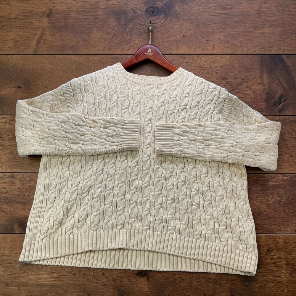 Lauren Ralph Lauren Womens L Cream Cable Knit Crewneck Sweater 100% Cotton